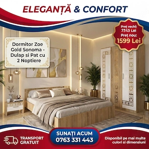 Dormitor Zoe Gold Sonoma Dulap si Pat cu 2 Noptiere Ofertă limitată Colecție elegantă