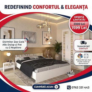 Dormitor Zoe Gold Alb Dulap si Pat cu 2 Noptiere  Design modern Model premium