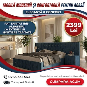 Pat Tapitat Iris Albastru Cu Extensii Si Noptiere Tapitate Ofertă limitată Comandă rapid dormitoare 