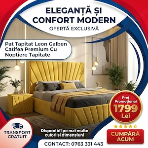 Pat Tapitat Leon Galben Catifea Premium Cu Noptiere Tapitate Trimite mesaj Reduceri dormitoare