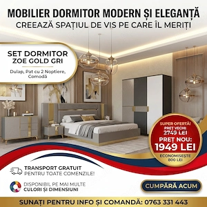 Dormitor Zoe Gold Gri Dulap Pat cu 2 noptiere si Comoda  Calitate premium Mobilă dormitor super ofer