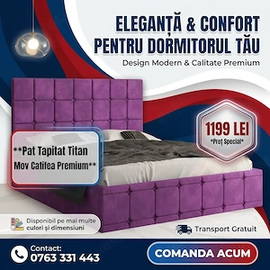 Pat Tapitat Titan Mov Catifea Premium Transport rapid Set dormitor complet la ofertă