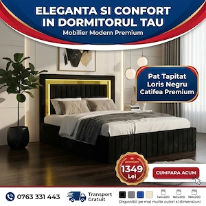 Pat Tapitat Loris Negru Catifea Premium  Materiale de calitate Colecție premium