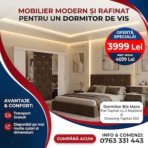 Dormitor Bia Maro Pat Tapitat cu 2 Noptiere si Dressing Tapitat 250 Livrare în toată țara Dormitor m