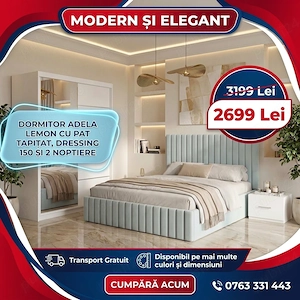 Dormitor Adela Lemon Cu Pat Tapitat Dressing 150 Si 2 Noptiere  Calitate premium Reduceri mobilă dor