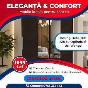 Dresing Delia 200 Alb cu Oglinda si Usi Wenge Stoc limitat Alege acum mobilier dormitor