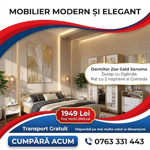 Dormitor Zoe Gold Sonoma Dulap cu Oglinda Pat cu 2 noptiere si Comoda Scrie-ne pentru detalii Reduce