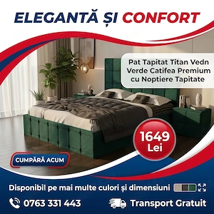 Pat Tapitat Titan Verde Catifea Premium cu Noptiere Tapitate  Materiale de calitate Promoție mobilă 