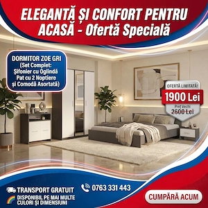 Dormitor Zoe Gri Sifonier cu Oglinda si Pat cu 2 Noptiere Si Comoda Ofertă limitată Reduceri mobilie