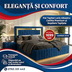 Pat Tapitat Loris Albastru Catifea Premium si Noptiere Tapitate  Design modern Descoperă rapid mobil