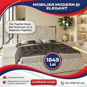 Pat Tapitat Enzo Alb Premium Cu 2 Noptiere Tapitate Livrare în toată țara Promoție dormitoare