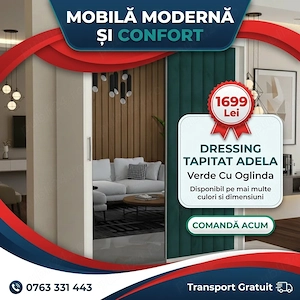 Dressing Tapitat ADELA Verde Cu Oglinda  Model elegant Promoție mobilier dormitor