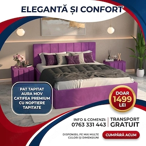 Pat Tapitat Aura Mov Catifea Premium cu Noptiere Tapitate Ofertă limitată Dormitor elegant ofertă sp