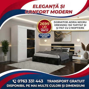 Dormitor Adria Negru Dressing 150 Tapitat Si Pat cu 2 Noptiere Livrare rapidă Colecție deosebită