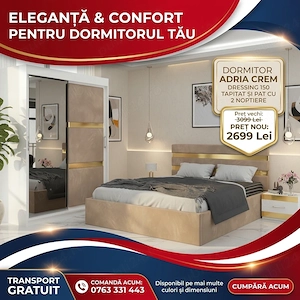 Dormitor Adria Crem Dressing 150 Tapitat Si Pat cu 2 Noptiere  Finisaje premium Oferte speciale mobi