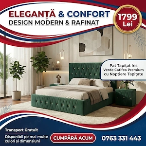 Pat Tapitat Iris Verde Catifea Premium cu Noptiere Tapitate  Model elegant Dormitor premium preț bun