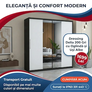 Dresing Delia 200 Gri cu Oglinda si Usi Albe Transport rapid Reduceri mobilă dormitor