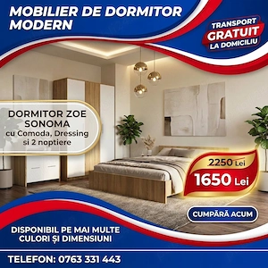 Dormitor Zoe Sonoma cu Comoda Dressing si 2 noptiere  Materiale de calitate Colecție elegantă