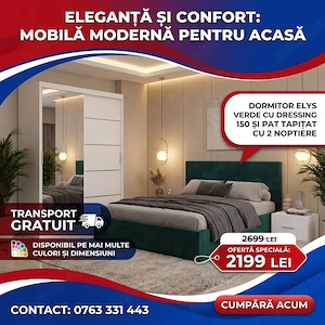 Dormitor Elys Verde cu Dressing 150 si Pat Tapitat Cu 2 Noptiere  Model elegant Descoperă chiar azi 