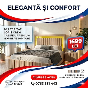 Pat Tapitat Loris Crem Catifea Premium cu Noptiere Tapitate În stoc Dormitor premium preț bun