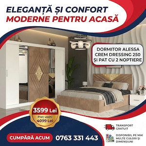 Dormitor Alessa Crem Dressing 250 Si Pat cu 2 Noptiere  Design modern Reduceri mobilă dormitor
