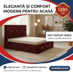 Pat Tapitat Rhea Visiniu Catifea Premium Scrie-ne pentru detalii Model deosebită
