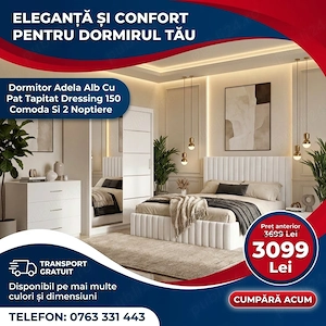 Dormitor Adela Alb Cu Pat Tapitat Dressing 150 Comoda Si 2 Noptiere Expediere rapidă Mobilier pentru