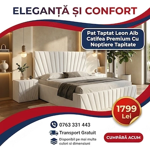 Pat Tapitat Leon Alb Catifea Premium Cu Noptiere Tapitate Comandă acum Variantă elegantă