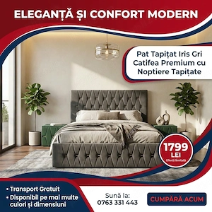 Pat Tapitat Iris Gri Catifea Premium cu Noptiere Tapitate În stoc Reduceri mobilier dormitor