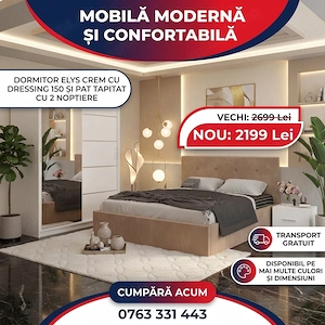 Dormitor Elys Crem cu Dressing 150 si Pat Tapitat Cu 2 Noptiere În stoc Set dormitor complet la ofer