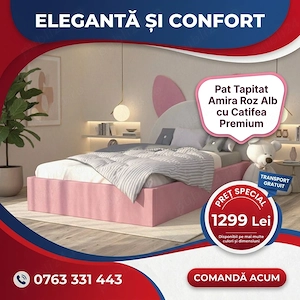 Pat Tapitat Amira Roz Alb cu Catifea Premium  Finisaje premium Oferte speciale dormitoare