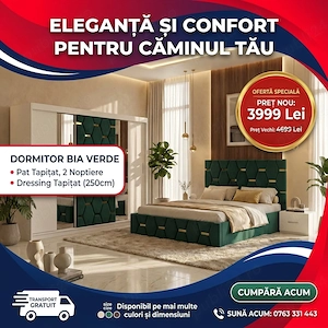 Dormitor Bia Verde Pat Tapitat cu 2 Noptiere si Dressing Tapitat 250 În stoc Variantă modernă