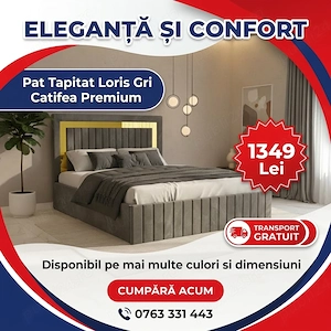 Pat Tapitat Loris Gri Catifea Premium Transport rapid Oferte speciale mobilă dormitor