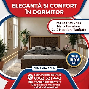 Pat Tapitat Enzo Maro Premium Cu 2 Noptiere Tapitate Trimite mesaj Dormitor nou preț bun