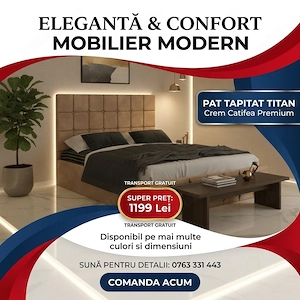 Pat Tapitat Titan Crem Catifea Premium  Model elegant Variantă deosebită