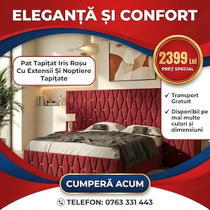 Pat Tapitat Iris Rosu Cu Extensii Si Noptiere Tapitate  Materiale de calitate Mobilier pentru dormit
