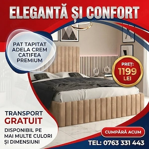 Pat Tapitat Adela Crem Catifea Premium Transport rapid Promoție mobilier dormitor