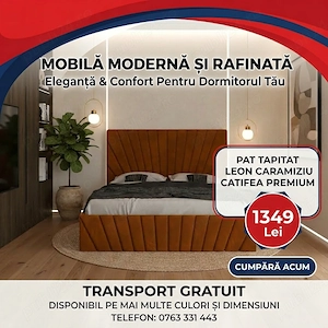 Pat Tapitat Leon Caramiziu Catifea Premium Livrare rapidă Oferte speciale mobilier dormitor