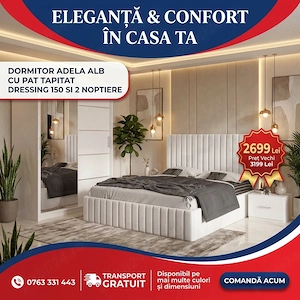 Dormitor Adela Alb Cu Pat Tapitat Dressing 150 Si 2 Noptiere  Design modern Model premium