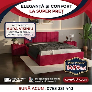 Pat Tapitat Aura Visiniu Catifea Premium cu Noptiere Tapitate Trimite mesaj Dormitor premium preț bu