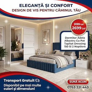 Dormitor Adela Albastru Cu Pat Tapitat Dressing 150 Si 2 Noptiere Expediere rapidă Mobilă dormitor p