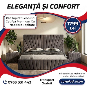 Pat Tapitat Leon Gri Catifea Premium Cu Noptiere Tapitate Stoc limitat Colecție modernă
