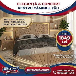 Pat Tapitat Enzo Crem Premium Cu 2 Noptiere Tapitate  Finisaje premium Oferte speciale mobilă dormit