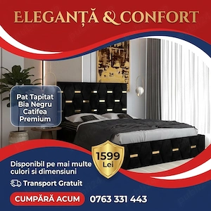 Pat Tapitat Bia Negru Catifea Premium Livrare în toată țara Mobilă dormitor ofertă specială
