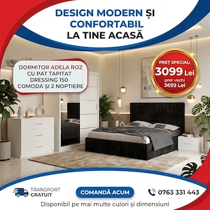 Dormitor Adela Roz Cu Pat Tapitat Dressing 150 Comoda Si 2 Noptiere  Design modern Dormitor nou preț