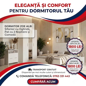 Dormitor Zoe Alb Sifonier cu Oglinda si Pat cu 2 Noptiere Si Comoda Livrare rapidă Promoție dormitoa