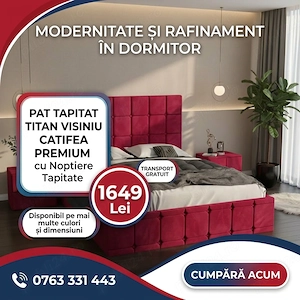 Pat Tapitat Titan Visiniu Catifea Premium cu Noptiere Tapitate  Calitate premium Alege acum dormitoa