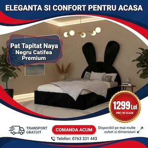 Pat Tapitat Naya Negru Catifea Premium Comandă acum Mobilă dormitor super ofertă