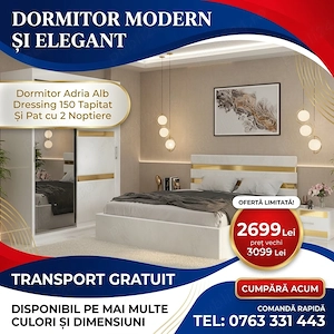 Dormitor Adria Alb Dressing 150 Tapitat Si Pat cu 2 Noptiere  Materiale de calitate Dormitor modern 