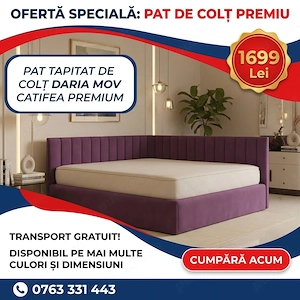 Pat Tapitat De Colt Daria Mov Catifea Premium  Materiale de calitate Dormitor elegant la ofertă